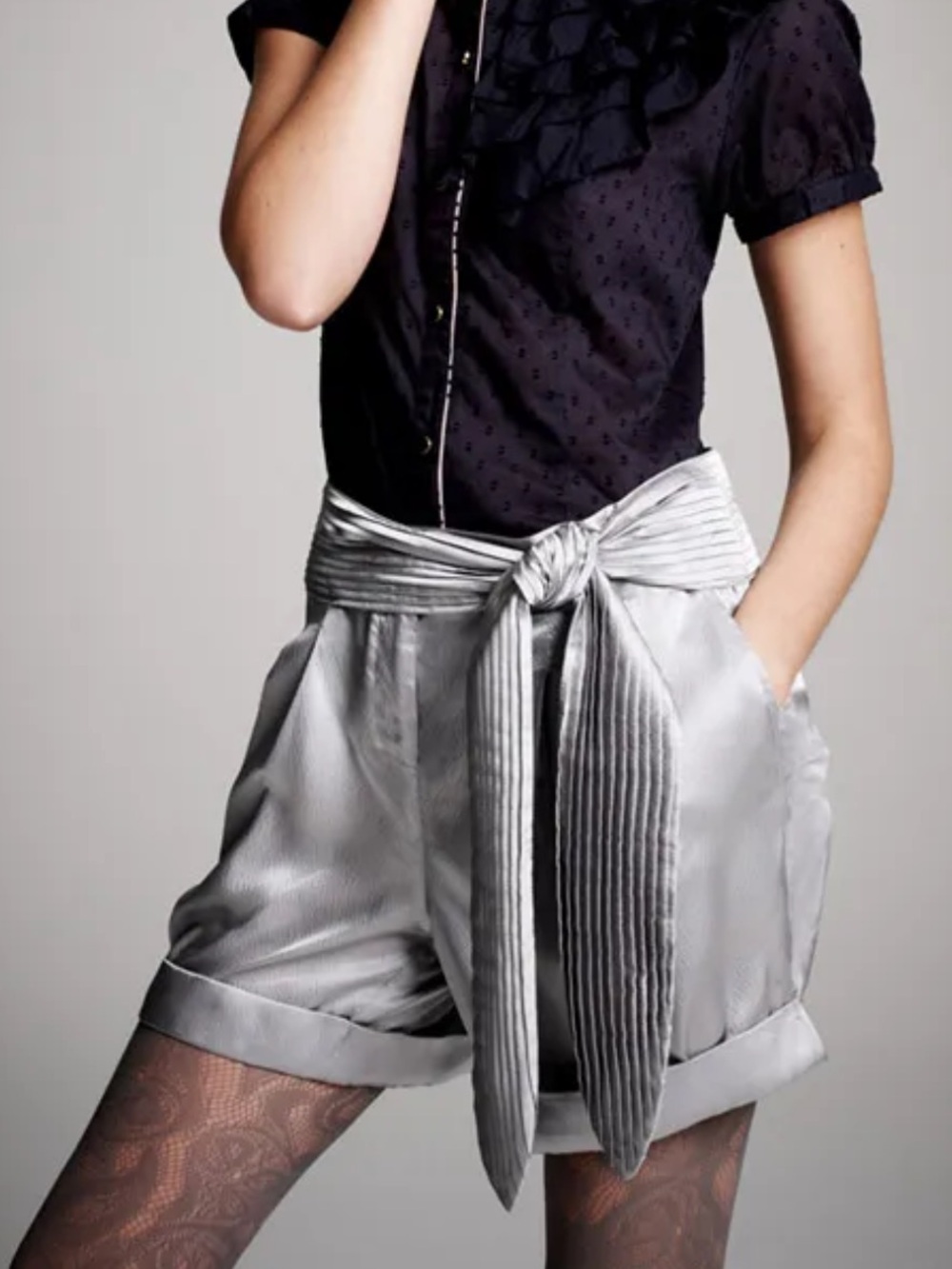 KA - Silver Satin Tie-Belt Shorts